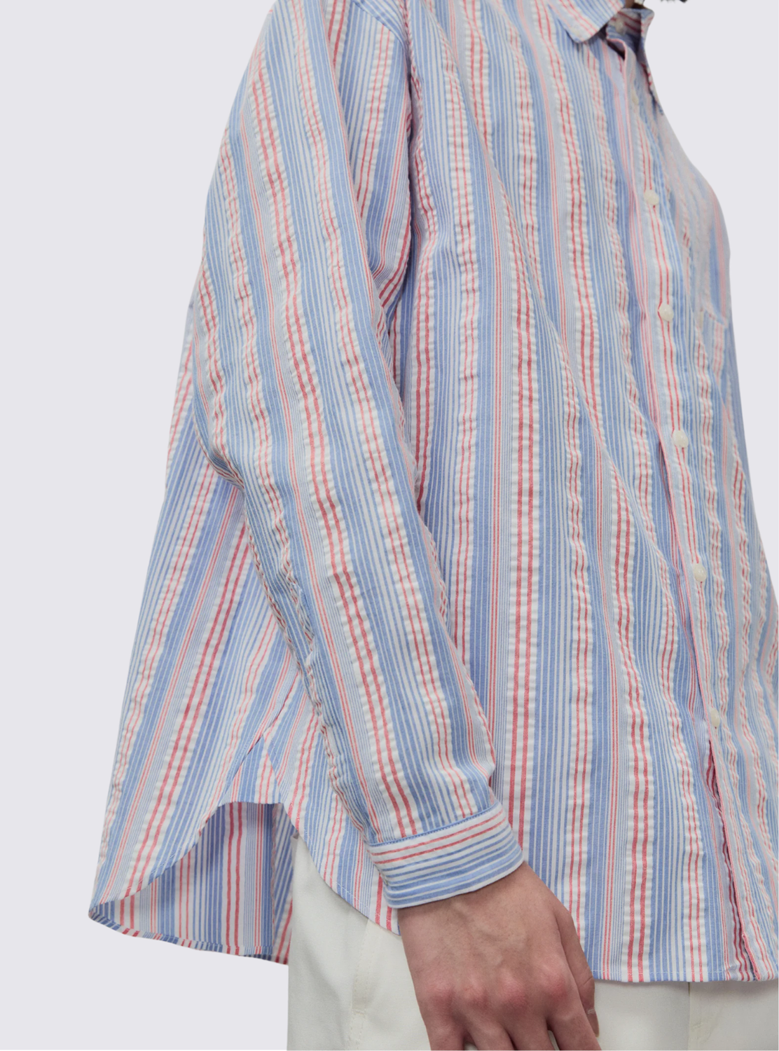 Chemise rayée à manches longues en seersucker - Bleu ciel & Rouge