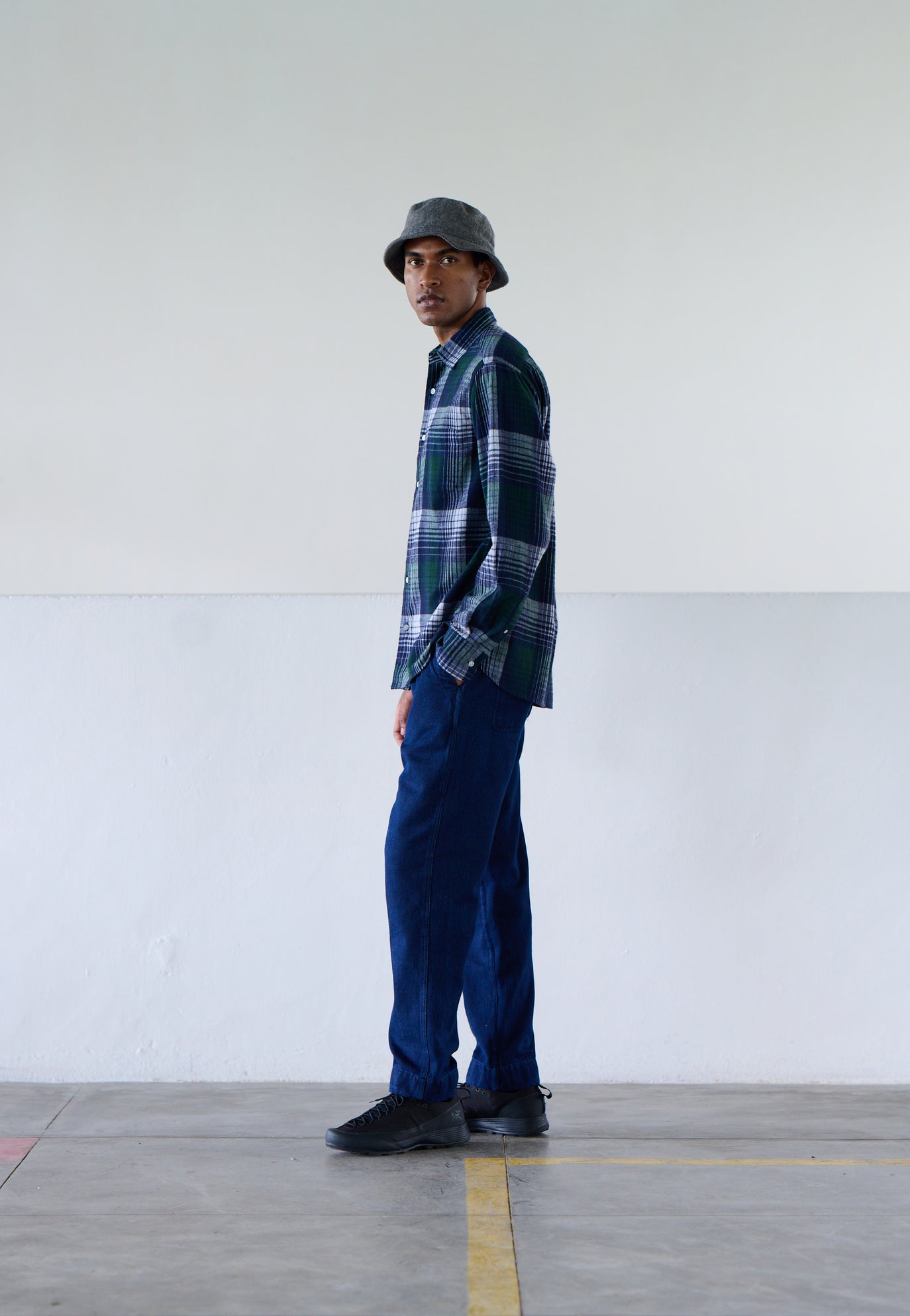 Chemise en madras à col droit - Bleu et verte