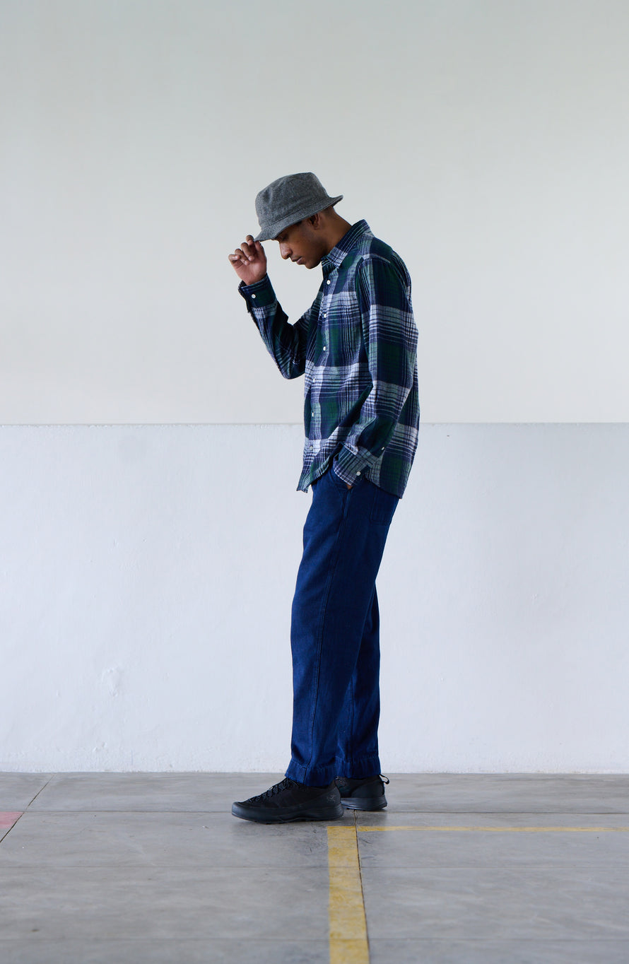 Chemise à col droit - Madras Bleu et verte